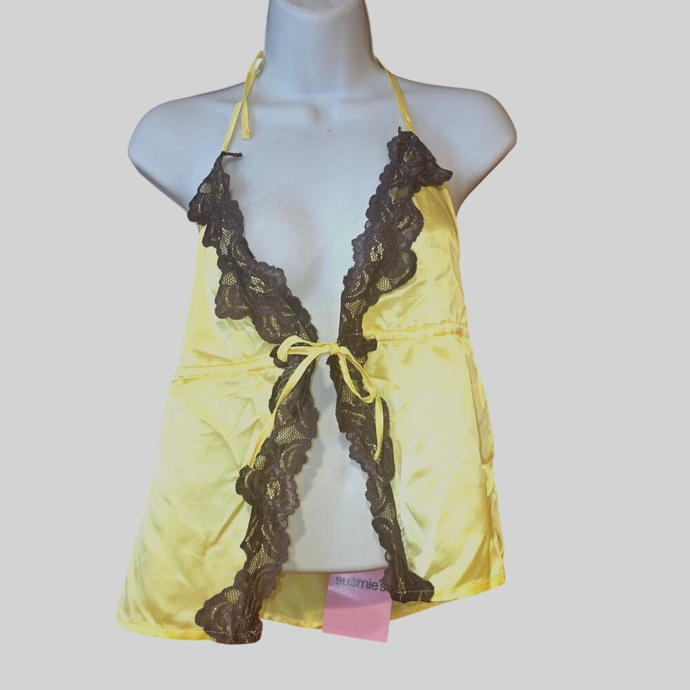 NWT Susmie's yellow and brown lace y2k inspired front tie halter top sz S